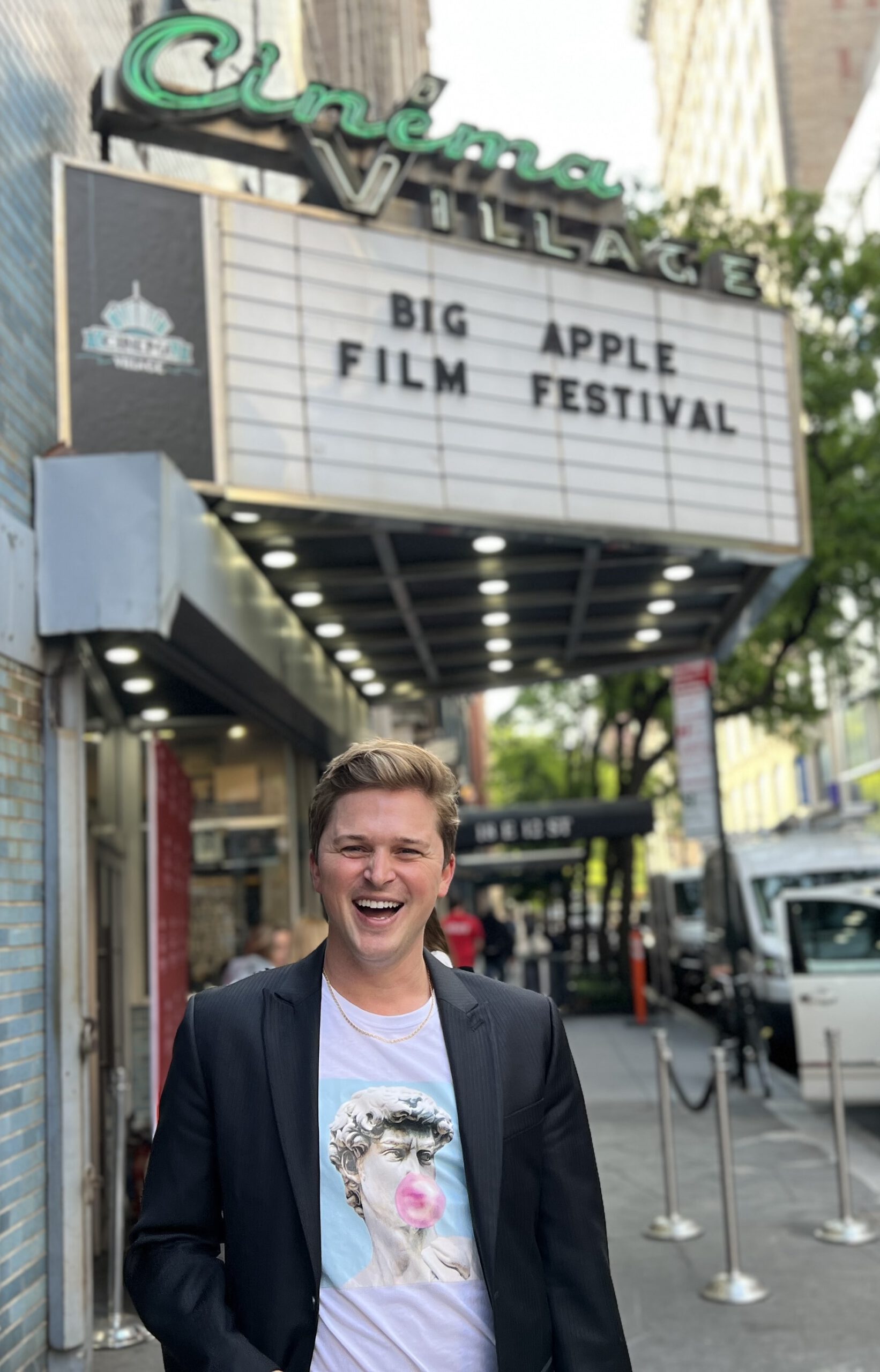 Justin standing on a street in Manhattan after the Big Apple Film Festival